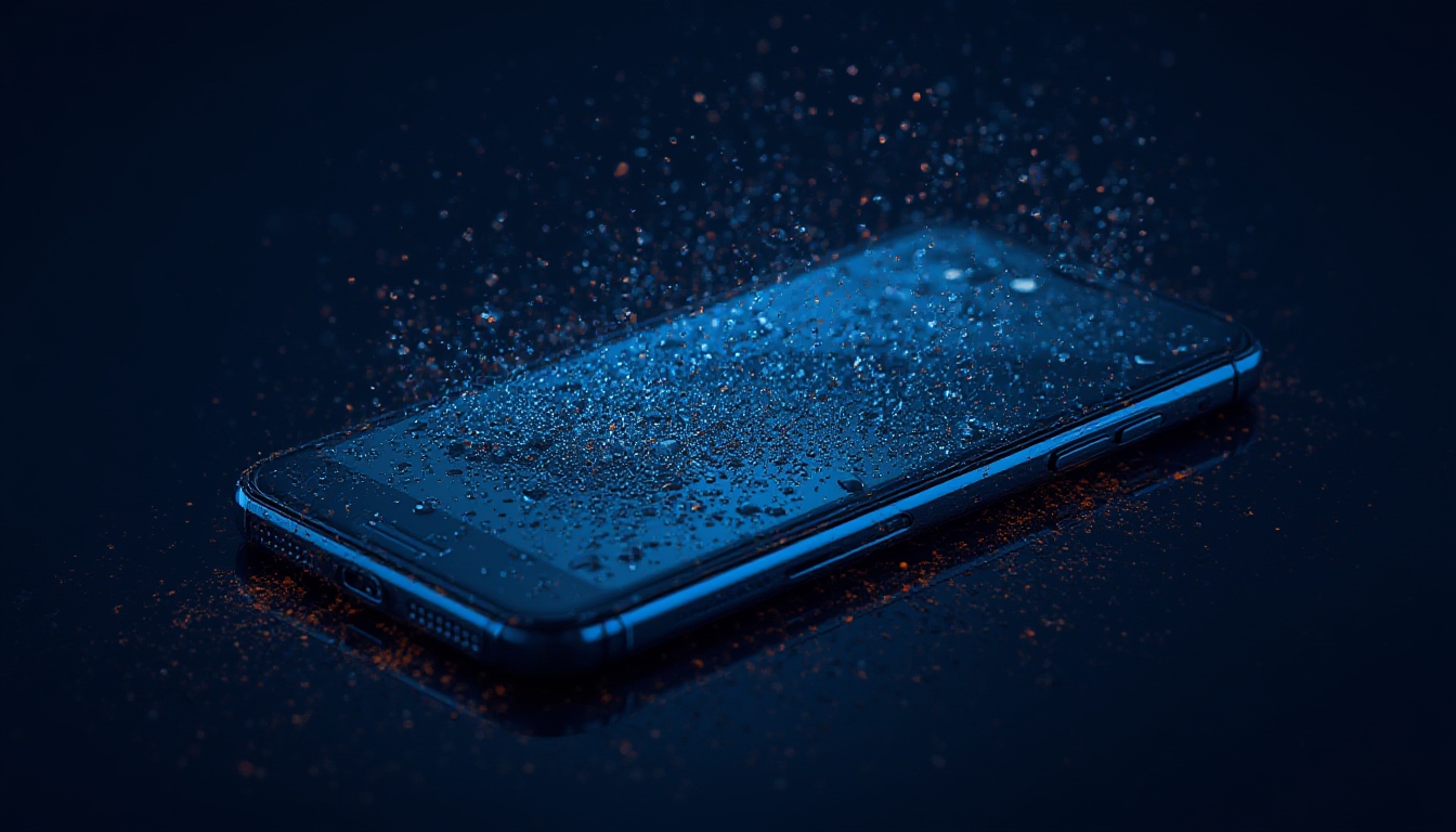 Smartphone com gotas de água e partículas de poeira sendo repelidas da superfície