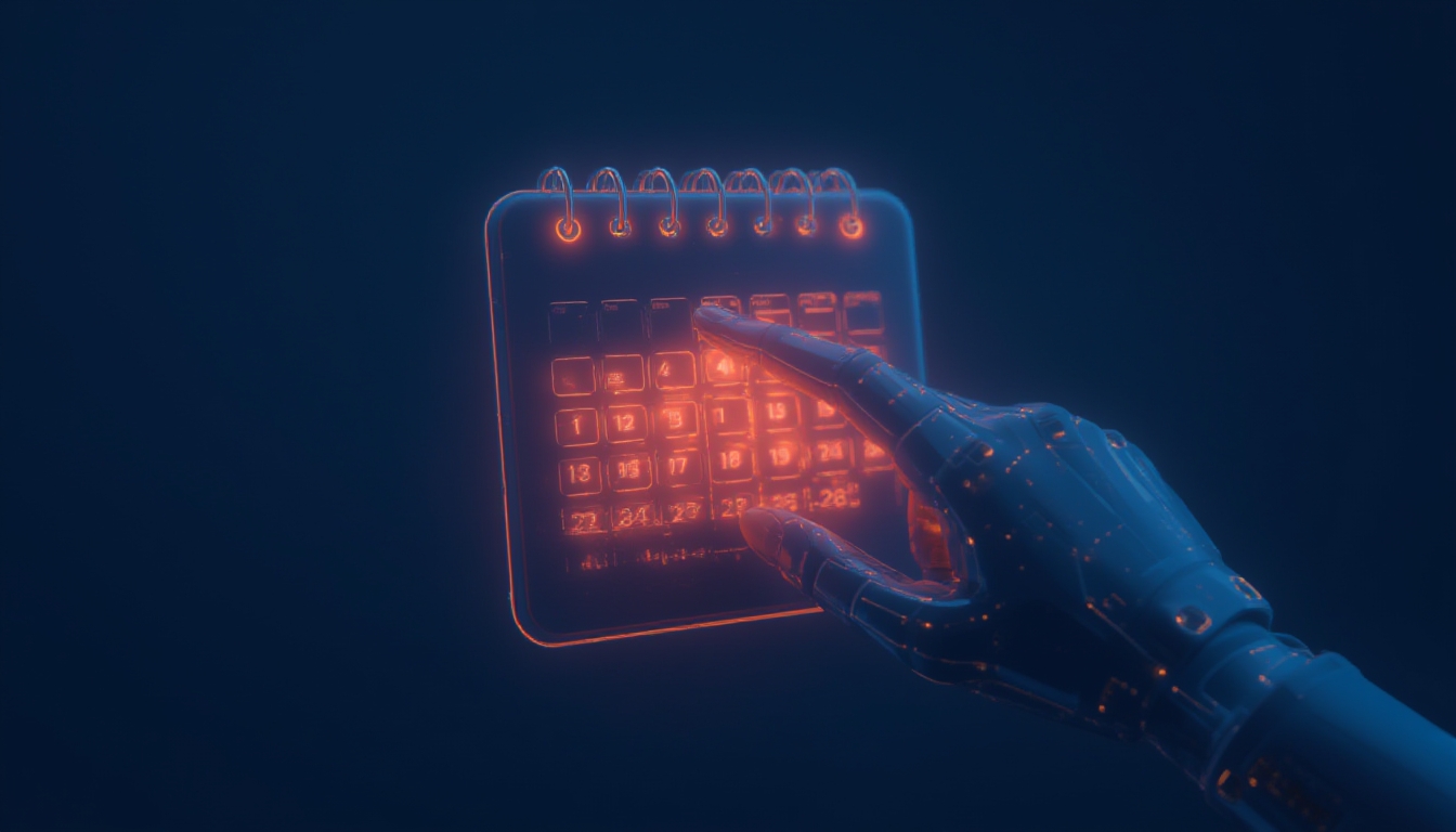 Calendário com uma mão de IA agendando compromissos automaticamente