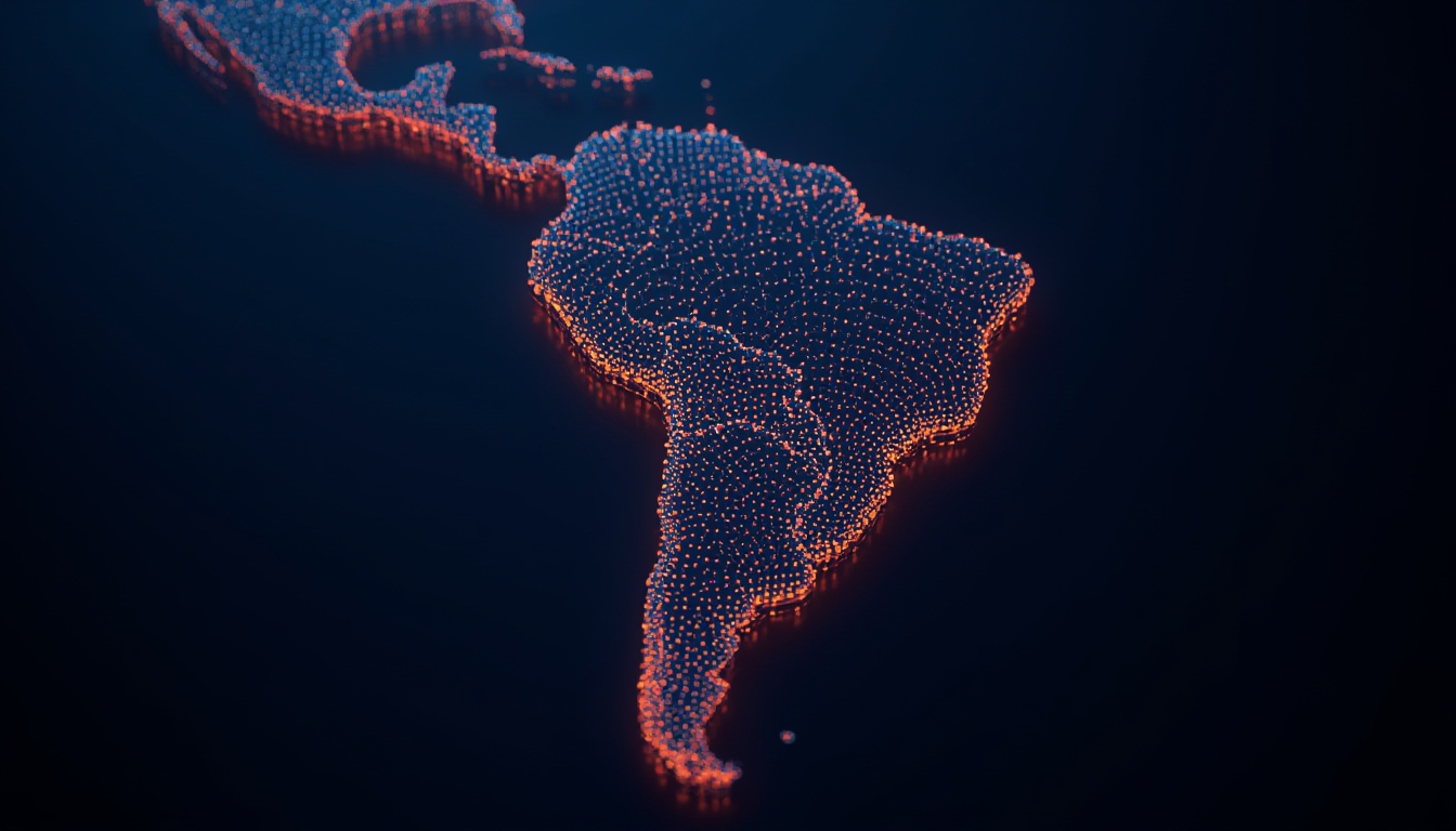 Mapa da América do Sul com nós de conexão representando expansão de tecnologia na região