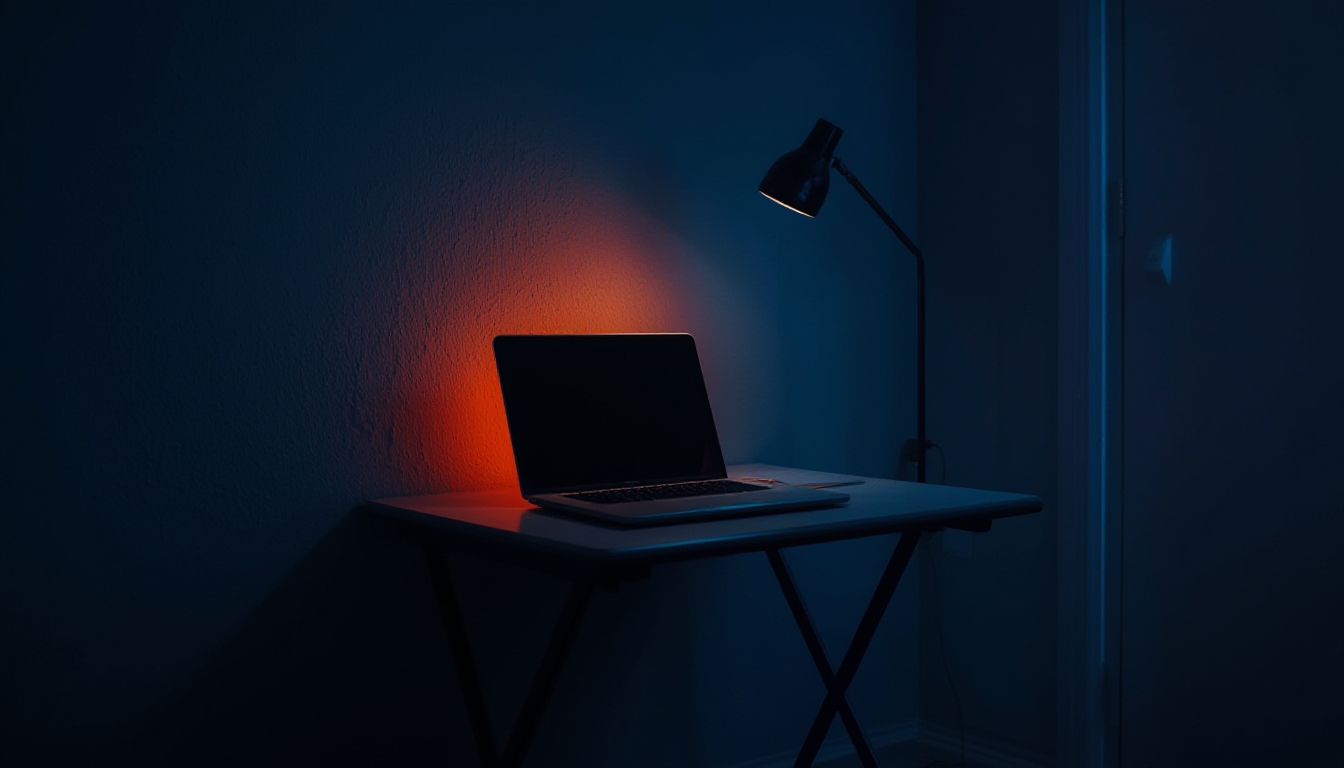 Mesa dobrável de parede sendo usada como mesa de trabalho com notebook