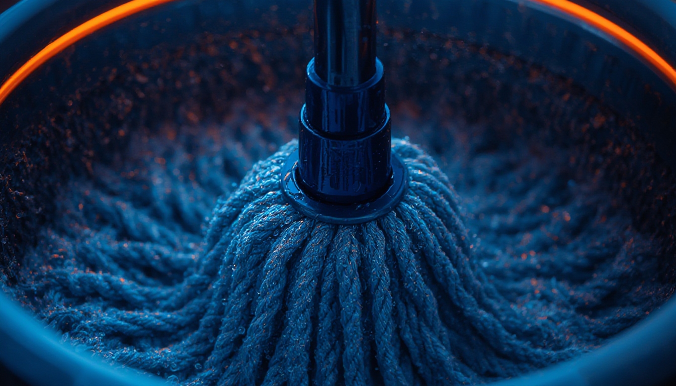 Cesto de aço inox espremendo água de um refil de mop