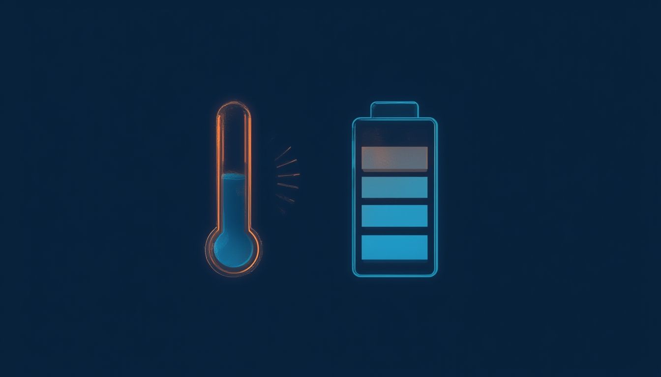 Ícone de termômetro ao lado de um power bank compacto, representando controle de temperatura durante o carregamento