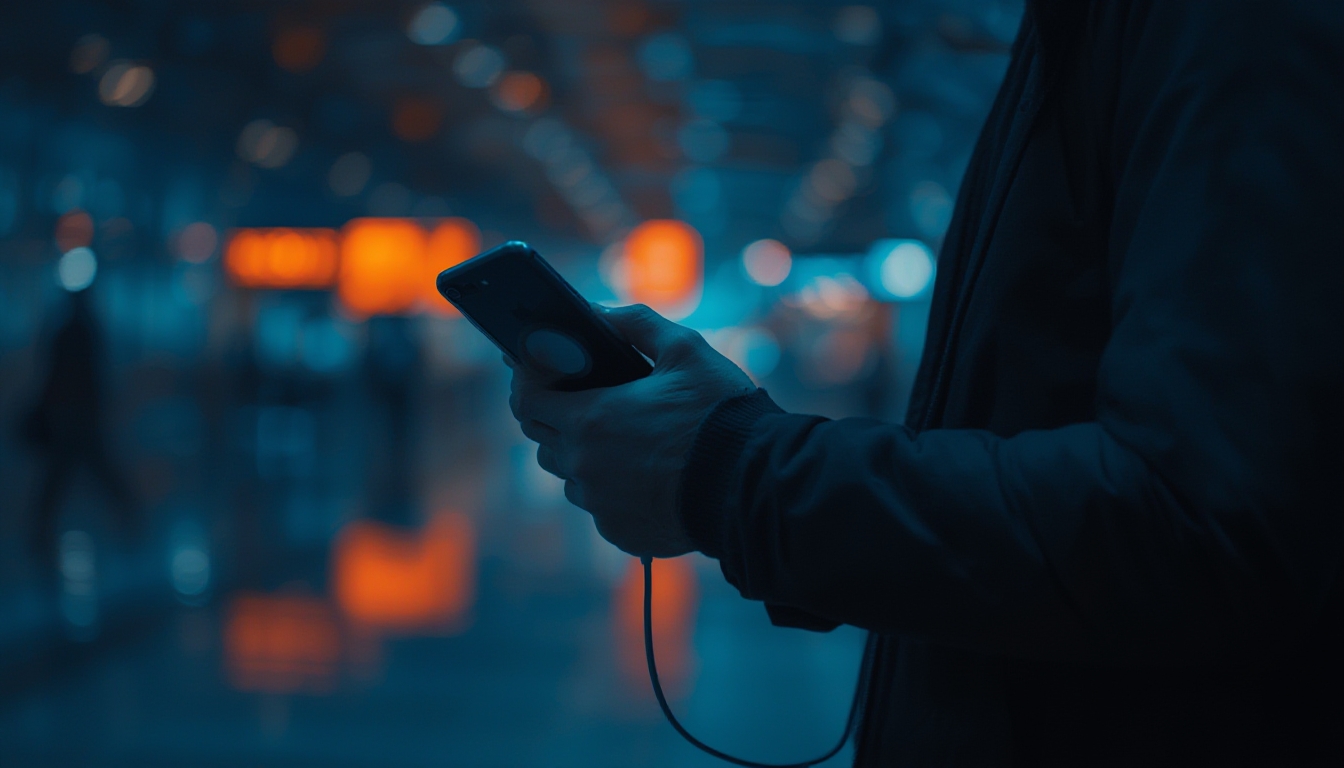 Pessoa segurando smartphone com power bank magnético acoplado em ambiente de aeroporto