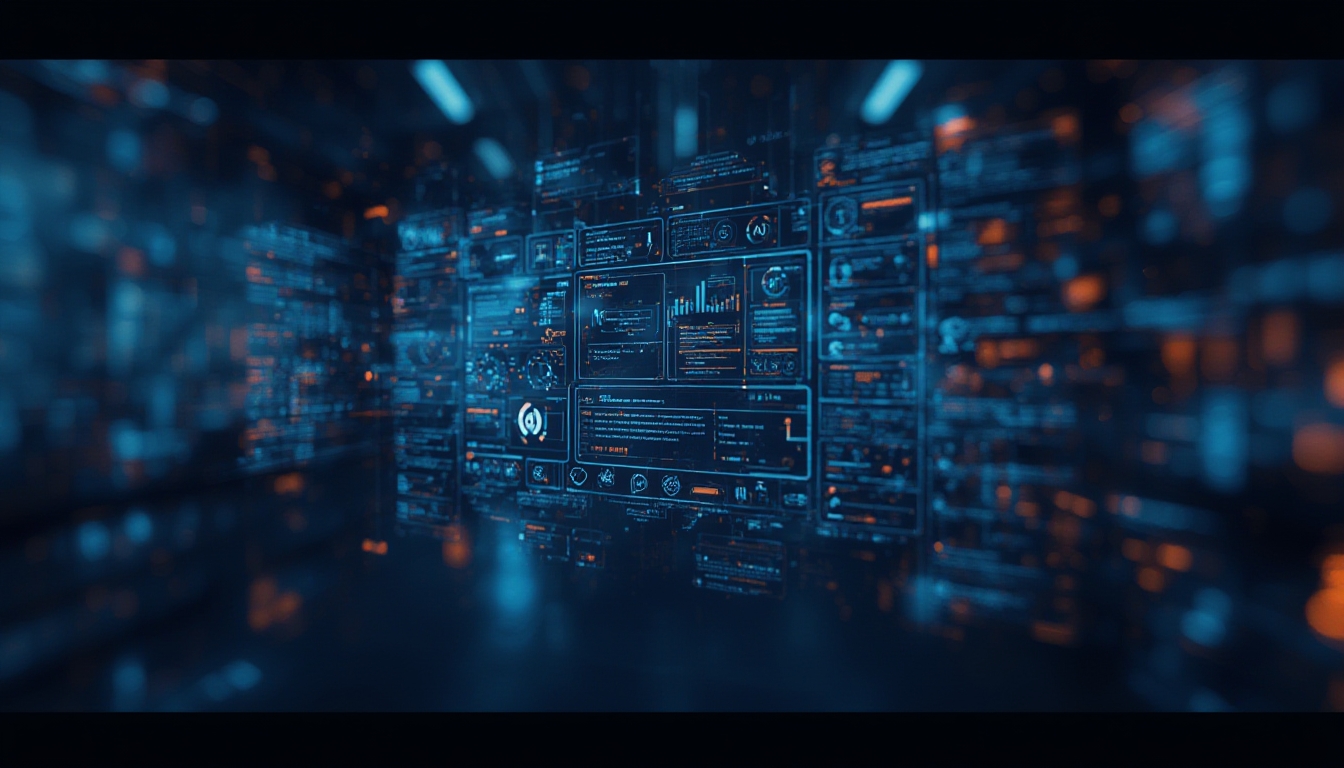 Ilustração conceitual de uma plataforma de anúncios com IA unificando painéis digitais