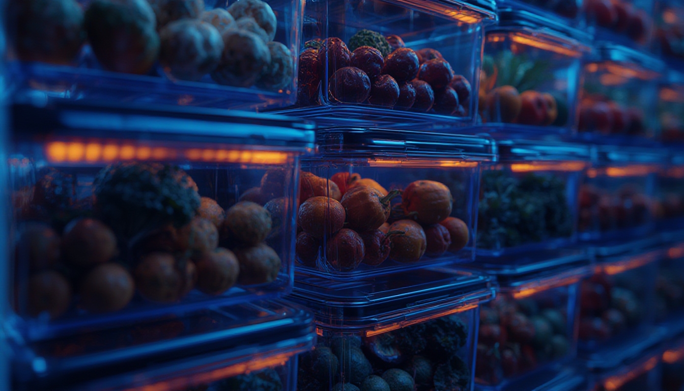 Ilustração de frutas e verduras organizadas em potes transparentes empilháveis