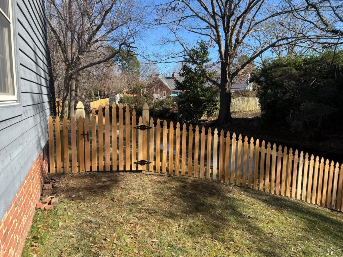Cedar gothic picket fence with arch gate and 6x6 gothic posts installed in Virginia Beach VA by Kempsville Fence