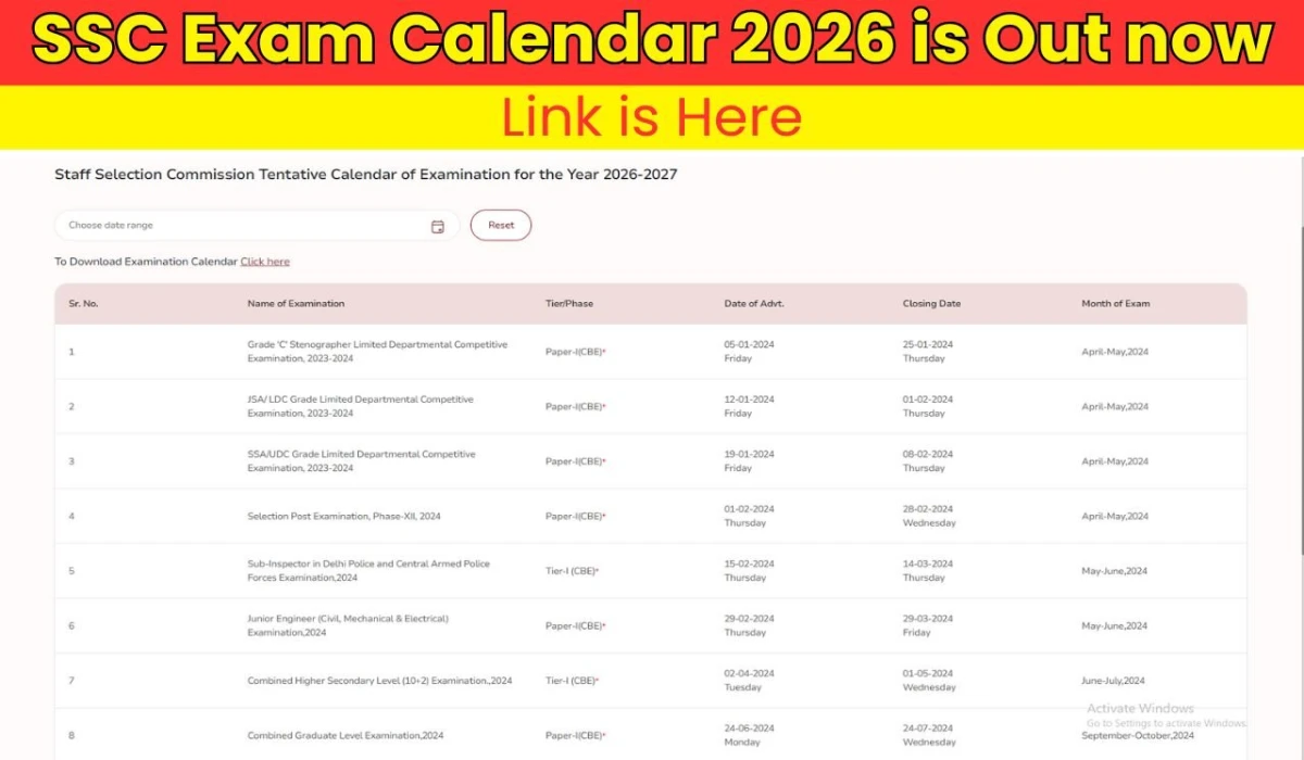 SSC Exam Calendar 2026 is Out now