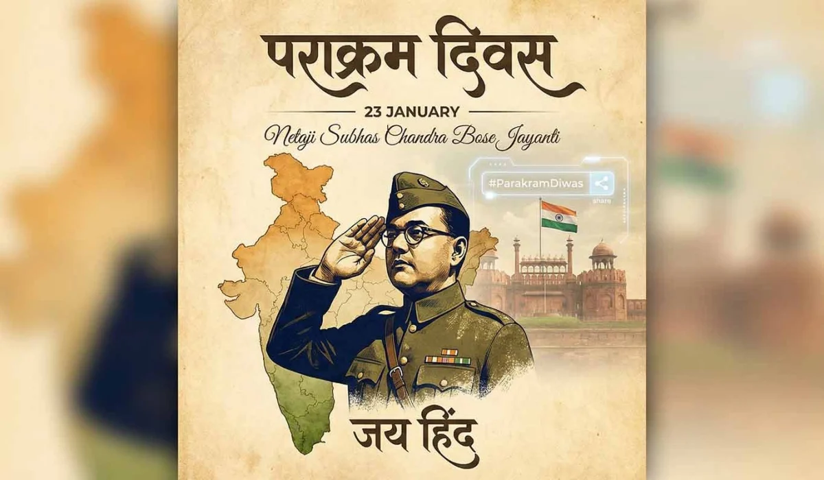 Netaji Subhash Chandra Bose saluting in uniform with Red Fort and Indian flag in background - Parakram Diwas Special