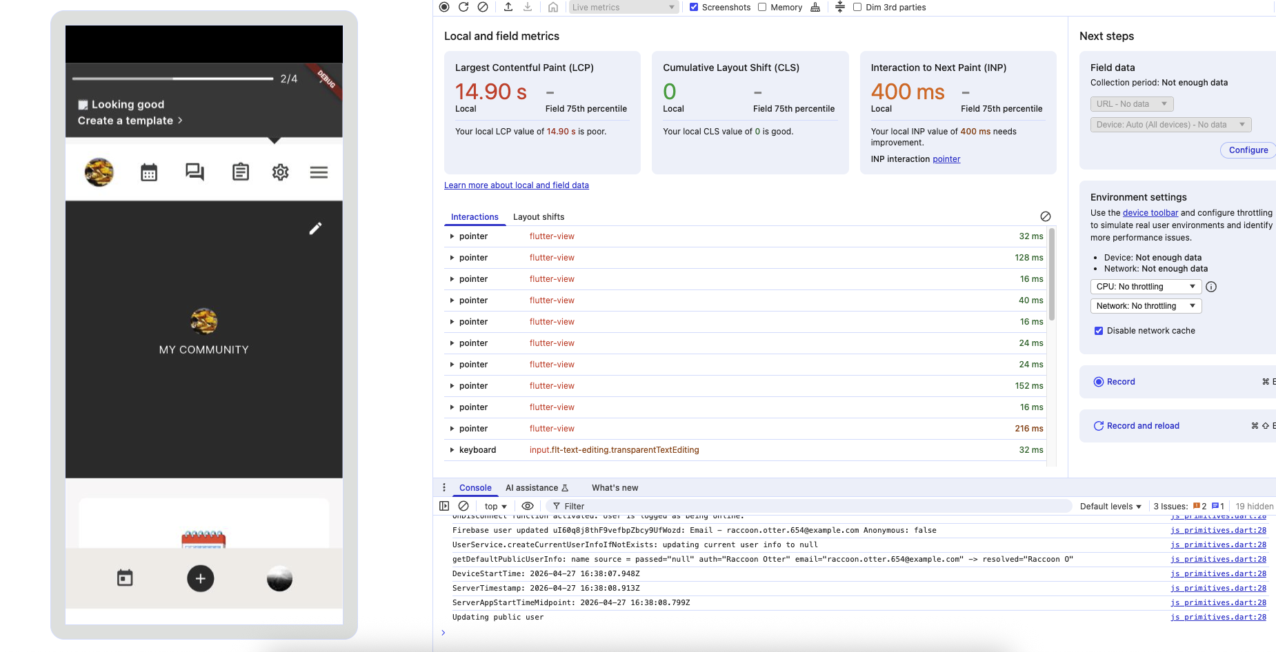 A mobile app interface is shown on the left, alongside a web performance report with load metrics and console output on the right, inside chrome dev tools.
