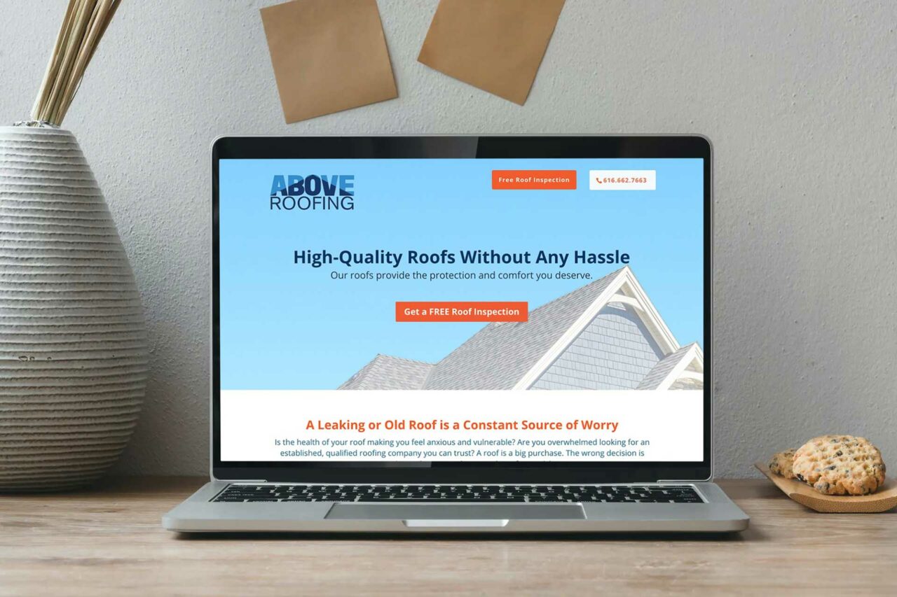Above Roofing team and completed roofing project , Guide MKTG case study