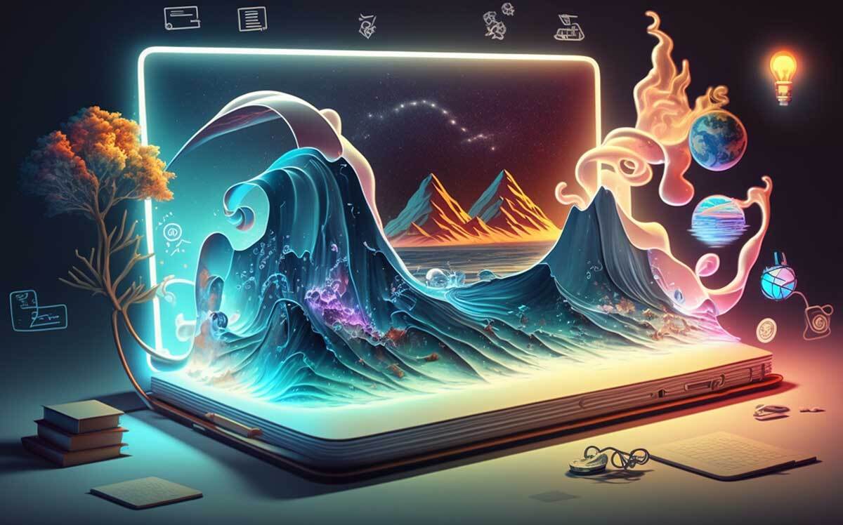 A digital artwork depicting a vibrant 3D scene emerging from an open laptop. Includes waves, mountains, planets, and swirling lights. Elements like a tree, books, and a glowing light bulb surround the laptop, symbolizing creativity and knowledge.