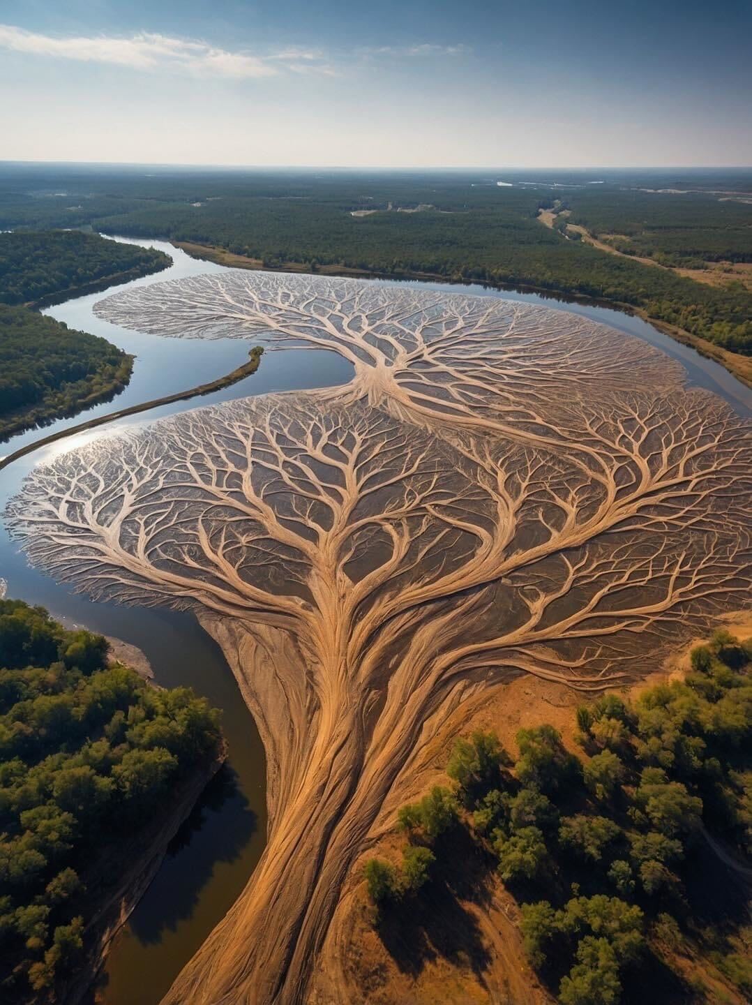 Aerial view of an intricate river delta resembling a tree with branching limbs. The sandy channels converge at a central trunk-like formation, surrounded by lush green forest under a clear blue sky.