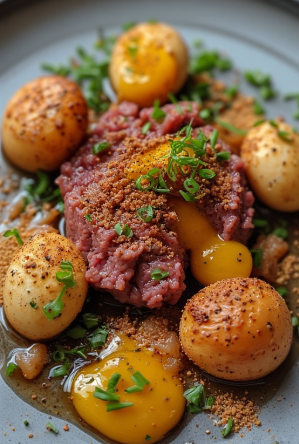 Lamb tartar með reyktum eggjarauðu (Lamb Tartare with Smoked Egg Yolk)
