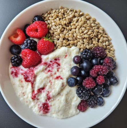 Plöntuskyr og bygg morgunskál (Plant Skyr and Barley Breakfast Bowl)