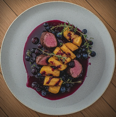 Venison Loin with Blueberry Jus & Kumara Fondant