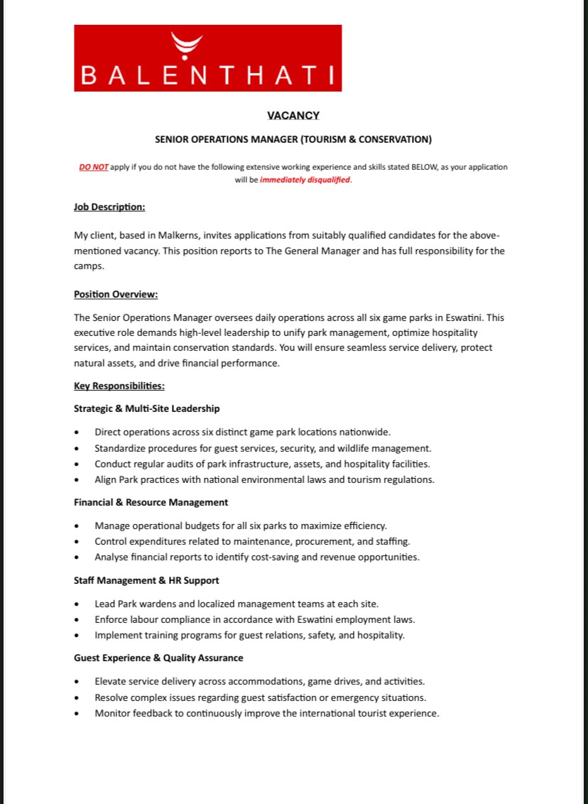 Senior Operations Manager (Tourism & Conservation)