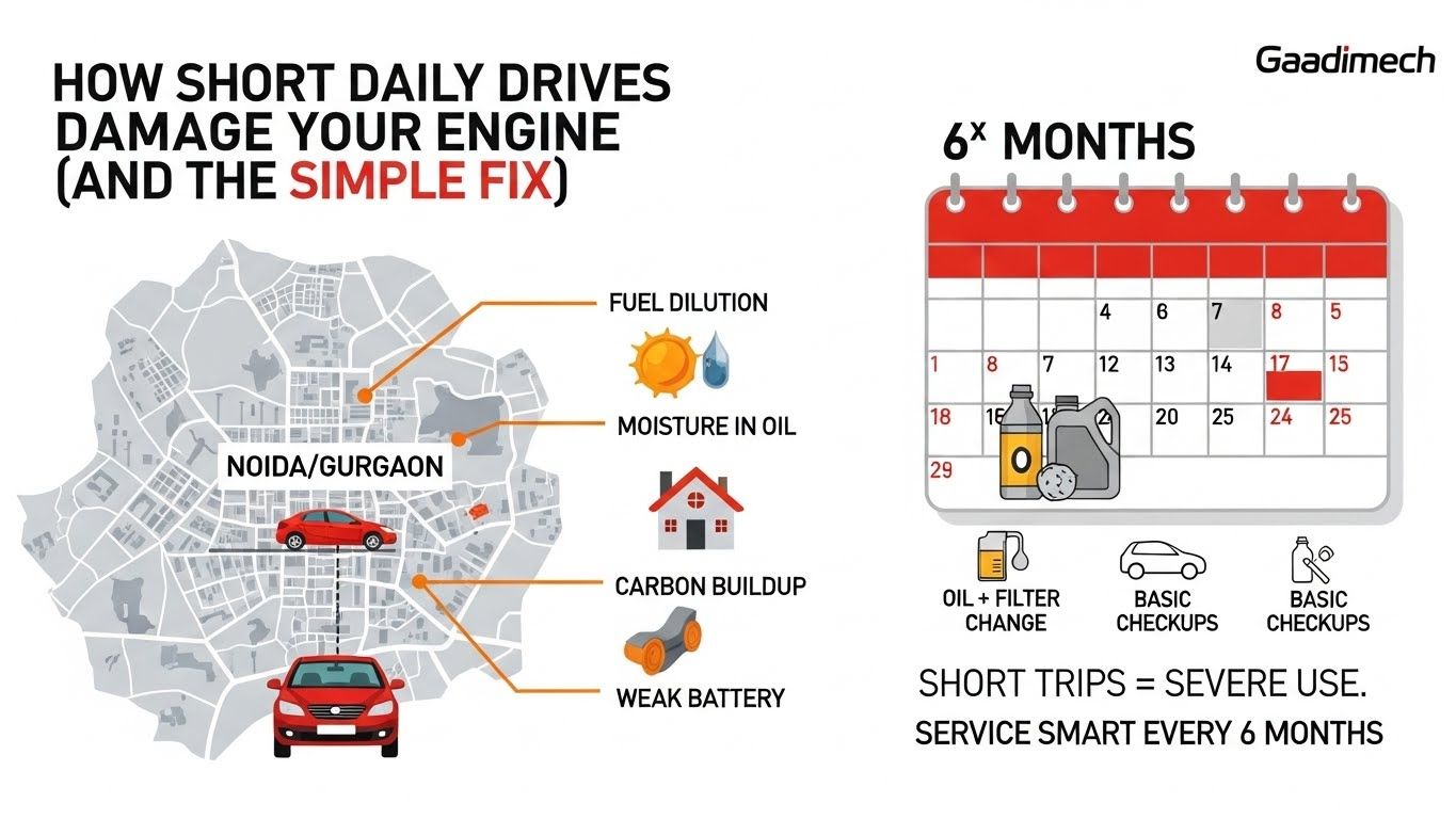 How Short Daily Drives in Noida and Gurgaon Can Wreck Your Engine Over Time (and the Simple Service Fix)