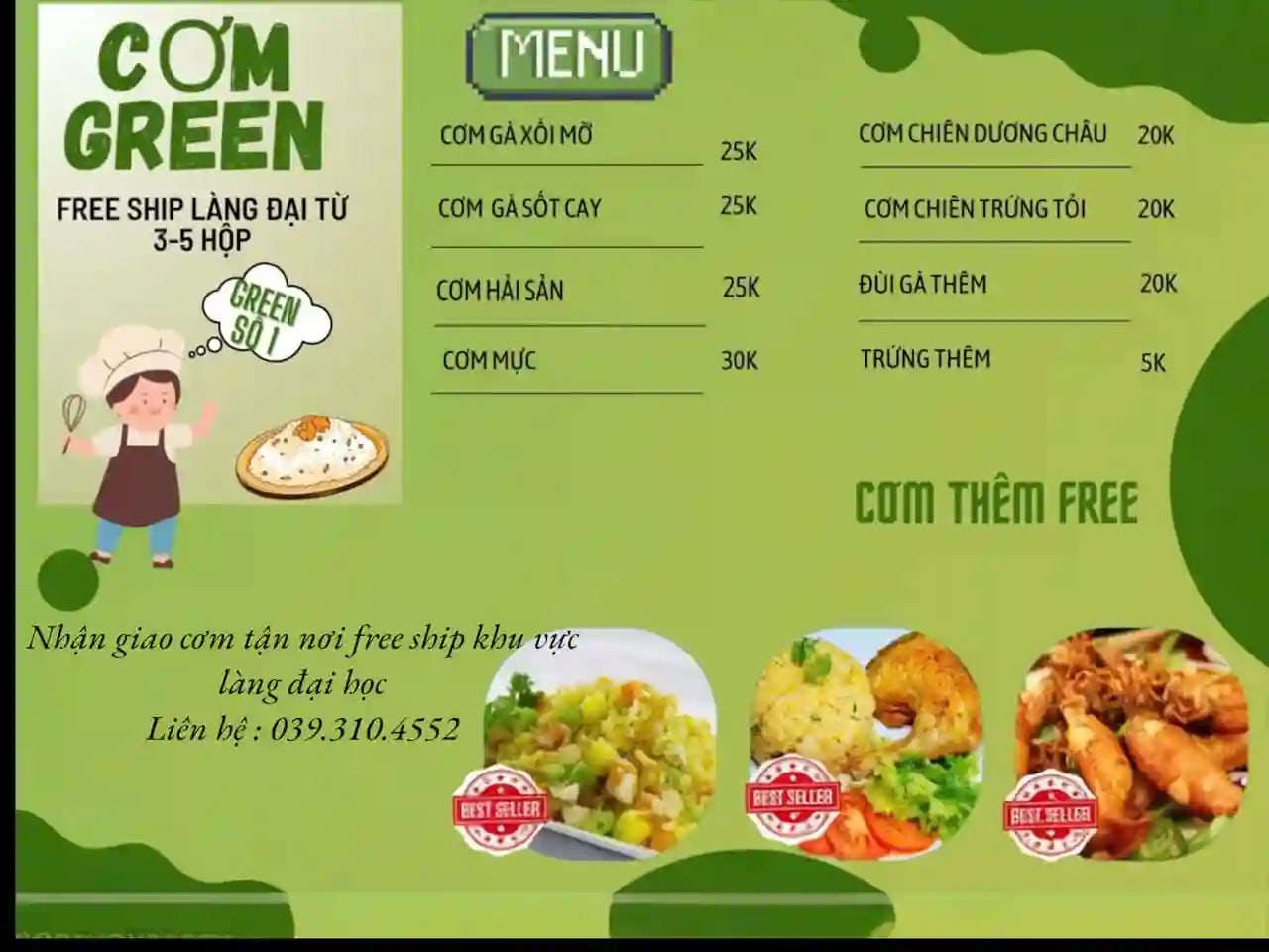 Menu cơm gà xối mỡ Green