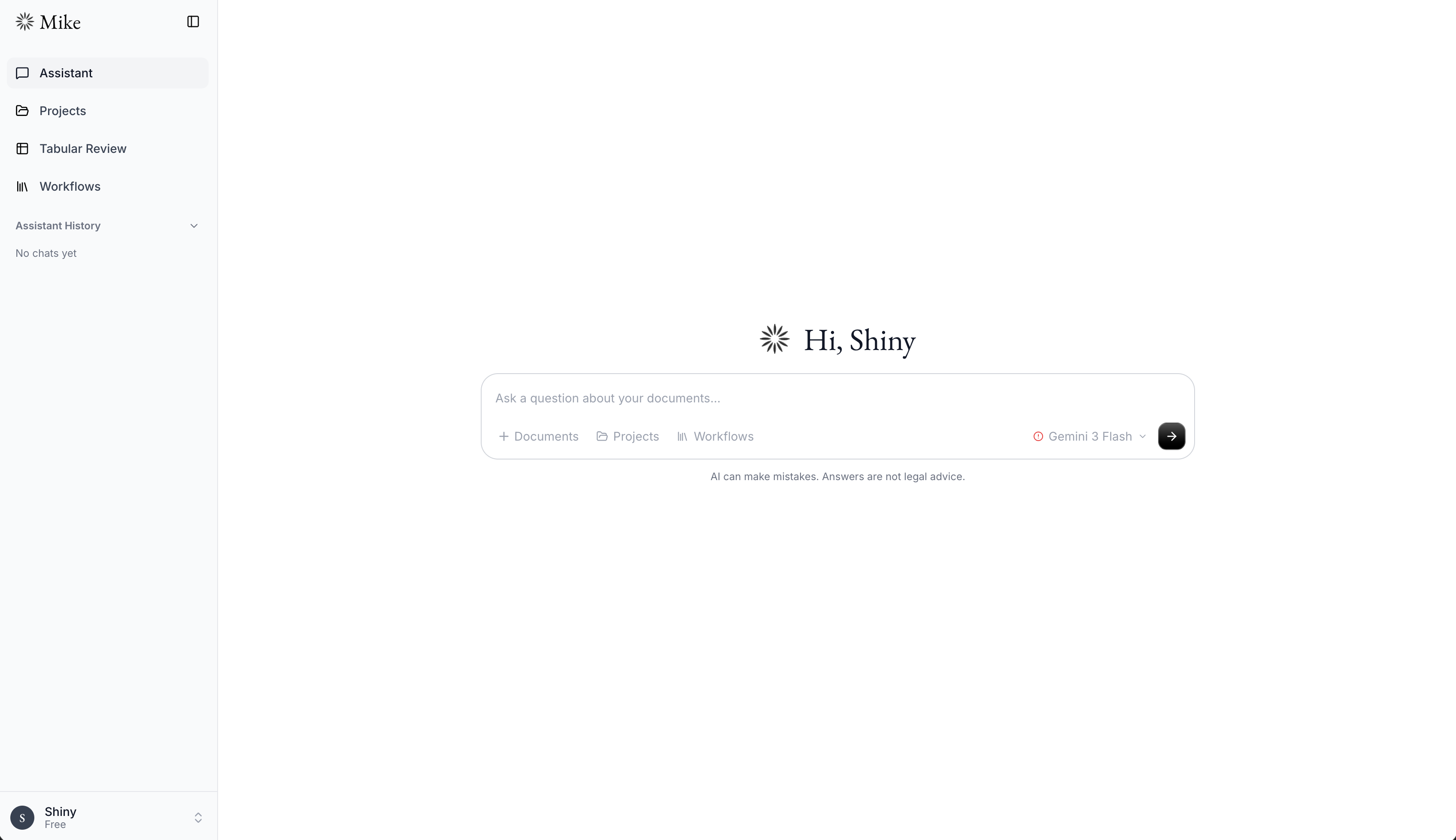 Mike AI legal document chat and analysis Mike AI legal platform chat and document analysis interface