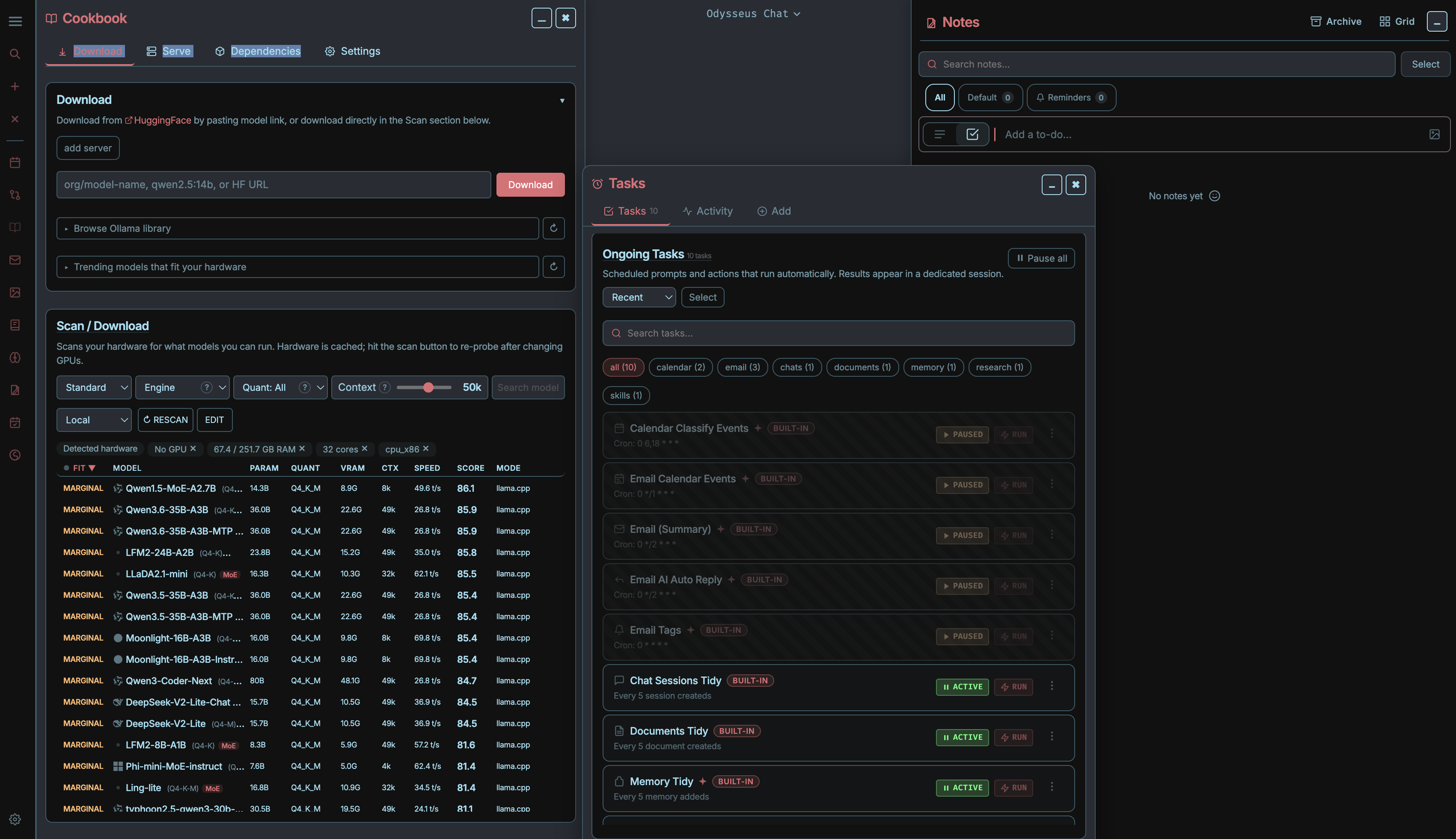 Odysseus AI workspace settings and model configuration panel