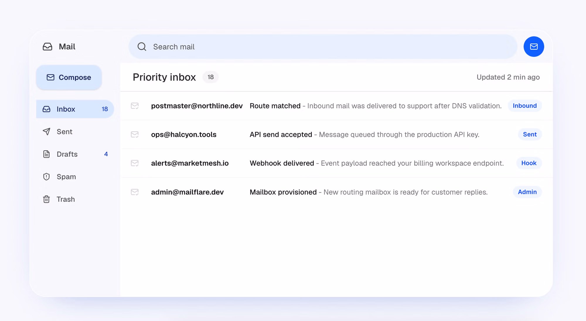 Mailflare open source email client self hosted Mailflare inbox with domains and mailboxes
