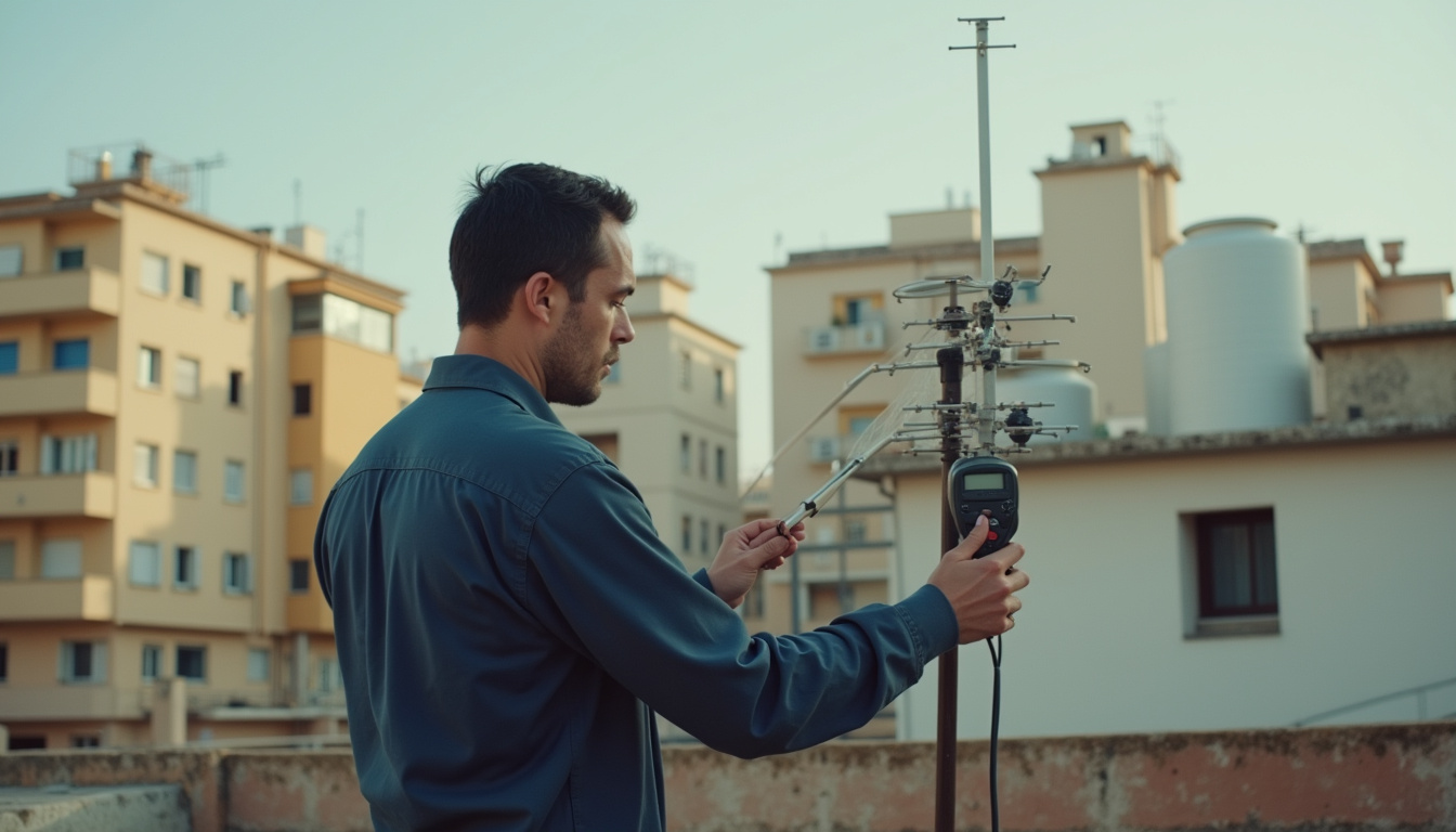 Reparación de antenas en Barcelona: técnico ajustando la antena de la azotea con un medidor de campo