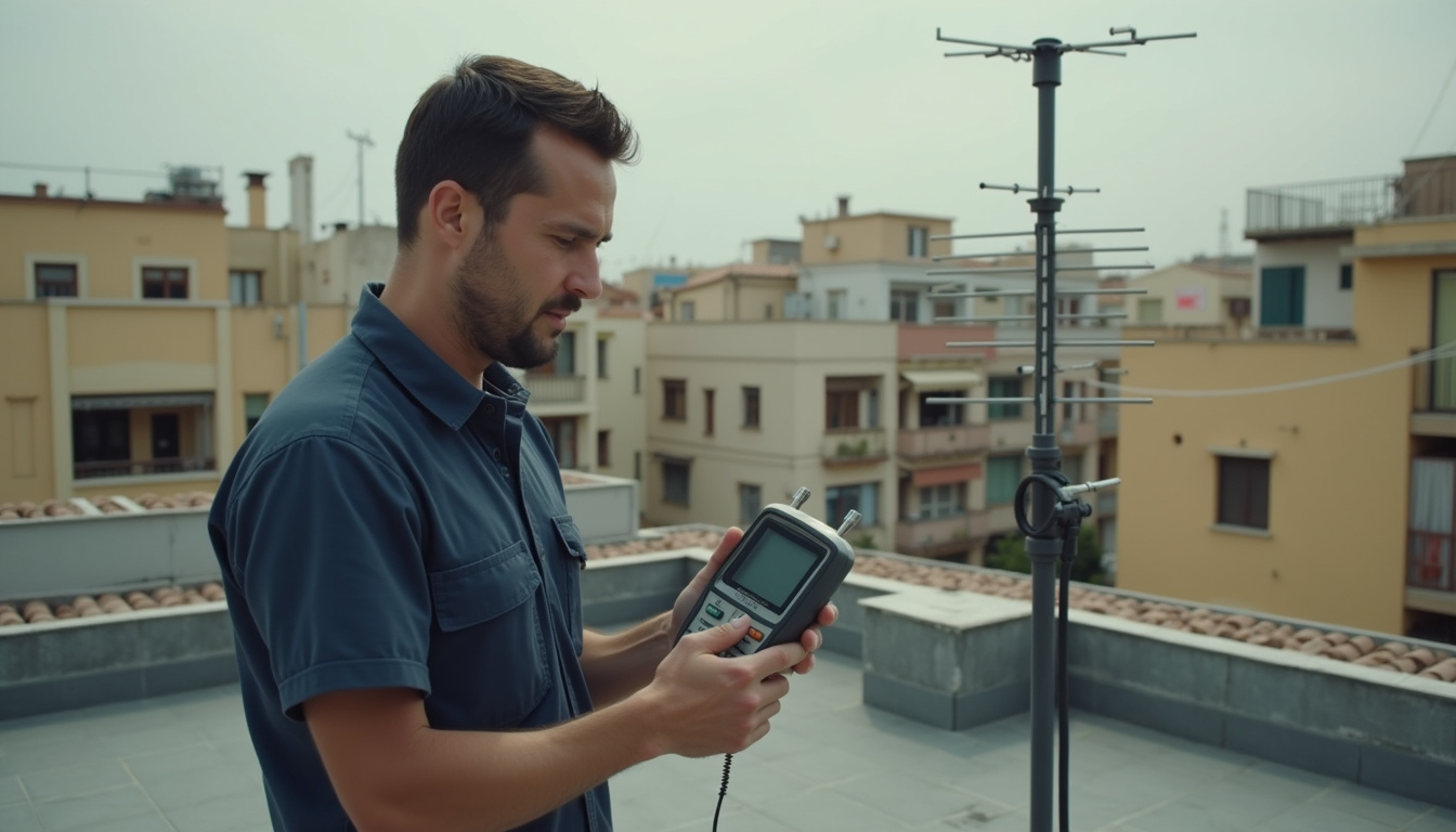 Antenas parabólicas en Barcelona: técnico ajustando la antena de la azotea con un medidor de campo