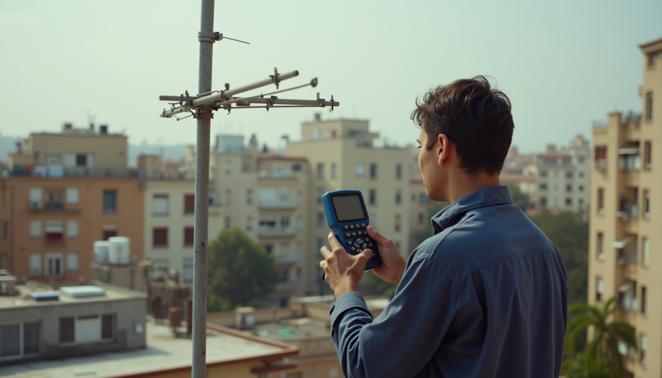 Técnico midiendo la señal de la antena colectiva en la azotea con un medidor de campo
