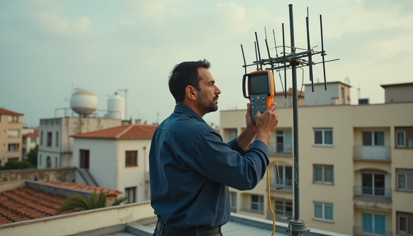 Técnico de antenas en Barcelona: técnico ajustando la antena de la azotea con un medidor de campo