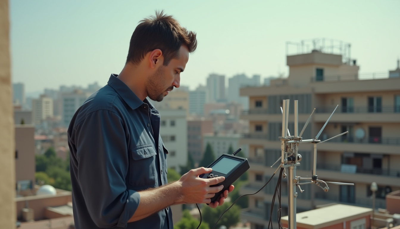 Antena de satélite en Barcelona: técnico ajustando la antena de la azotea con un medidor de campo