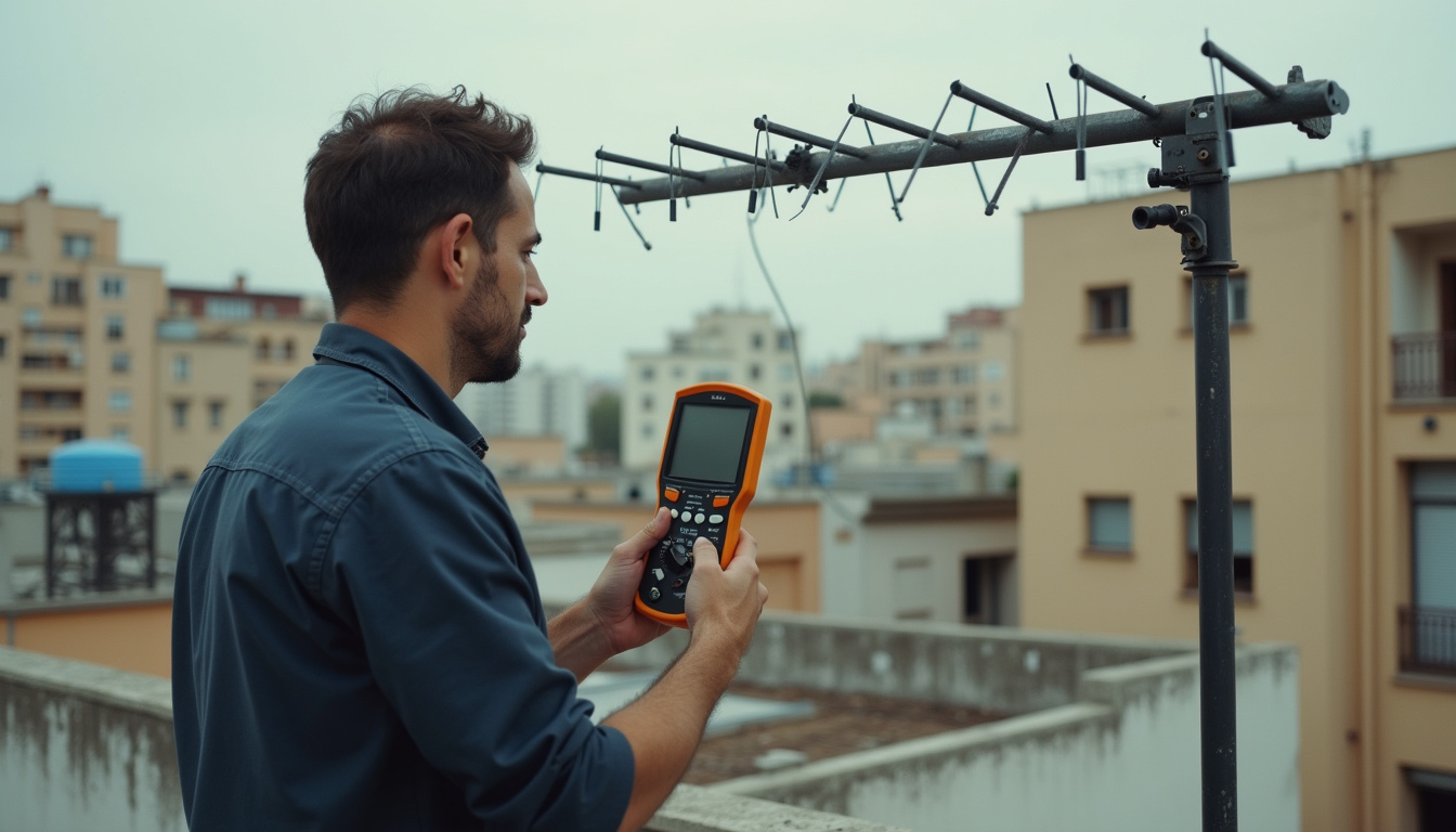 Orientar la antena TDT: técnico ajustando la antena colectiva en la azotea con un medidor de campo