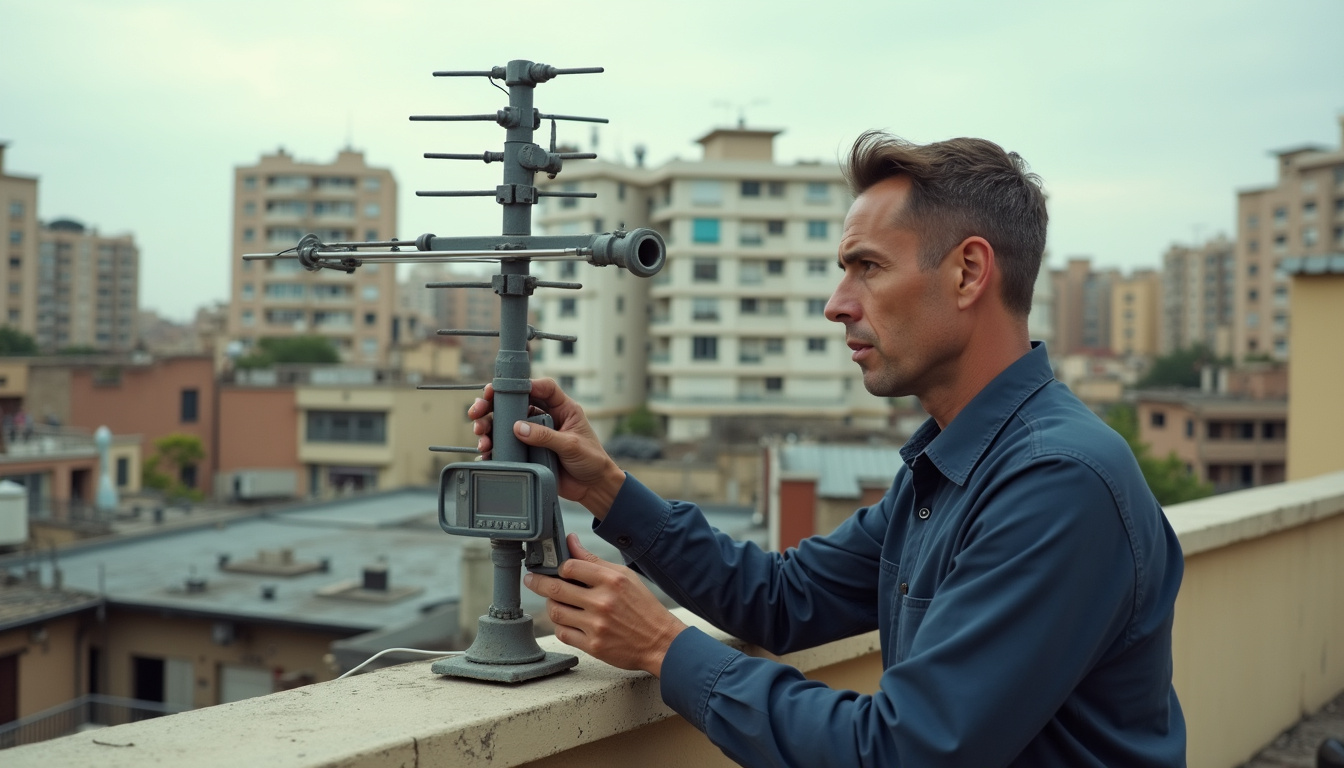 Antenas en Barcelona en Barcelona: técnico ajustando la antena de la azotea con un medidor de campo