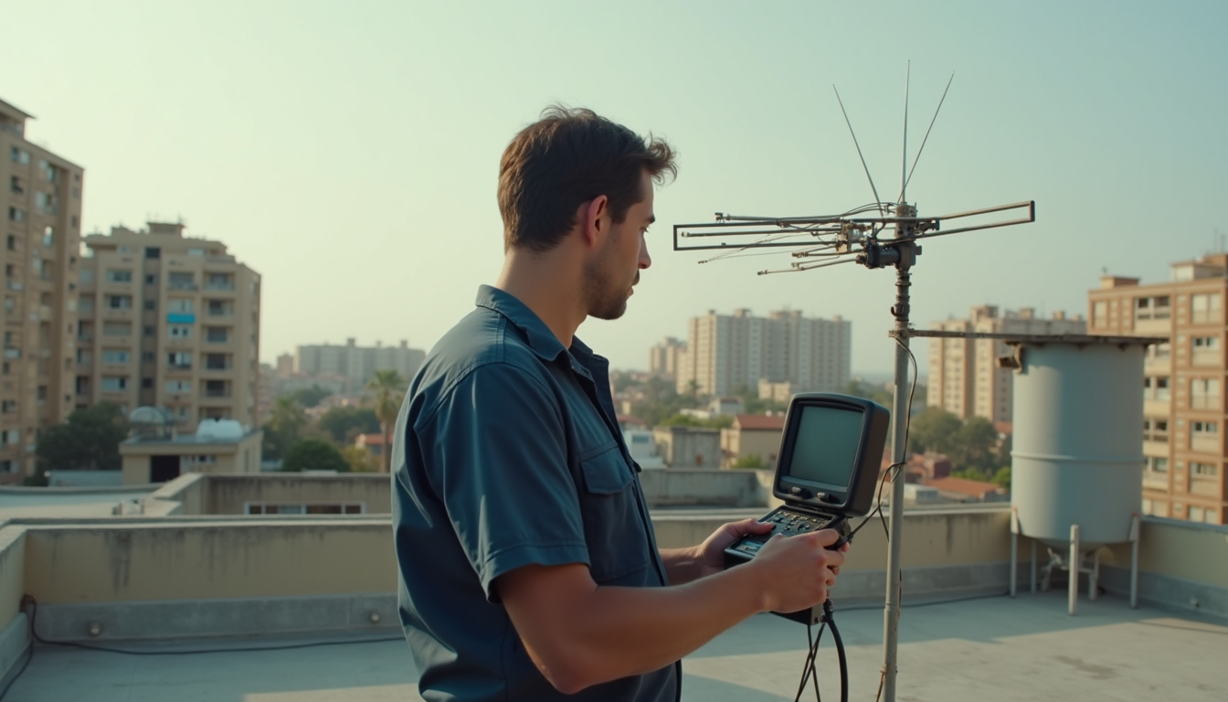 Porteros automáticos en Barcelona: técnico ajustando la antena de la azotea con un medidor de campo
