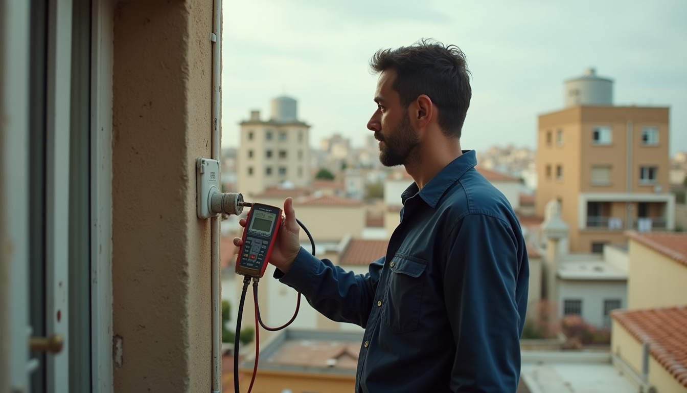 Antena de satélite en Barcelona: toma de antena del salón con el medidor de campo conectado al cable