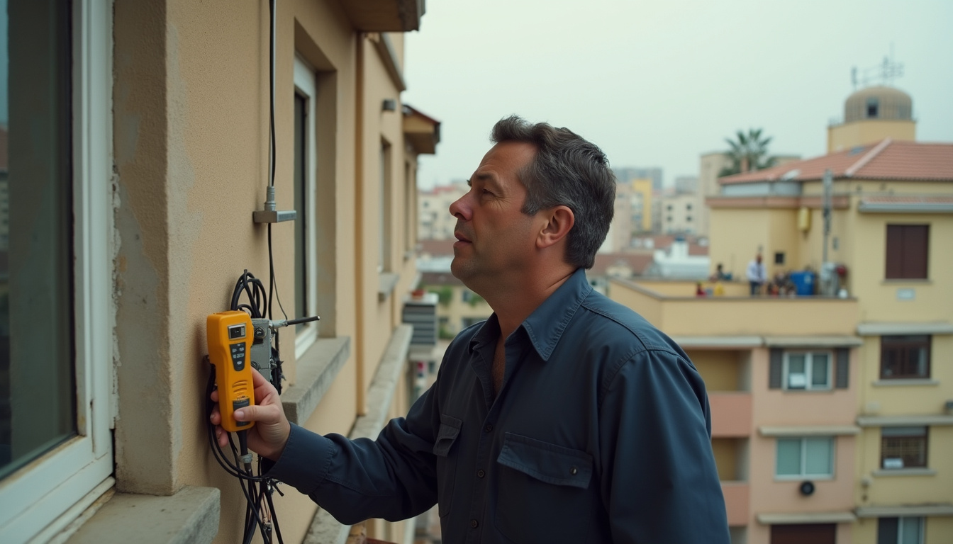Técnico de antenas en Barcelona: toma de antena del salón con el medidor de campo conectado al cable