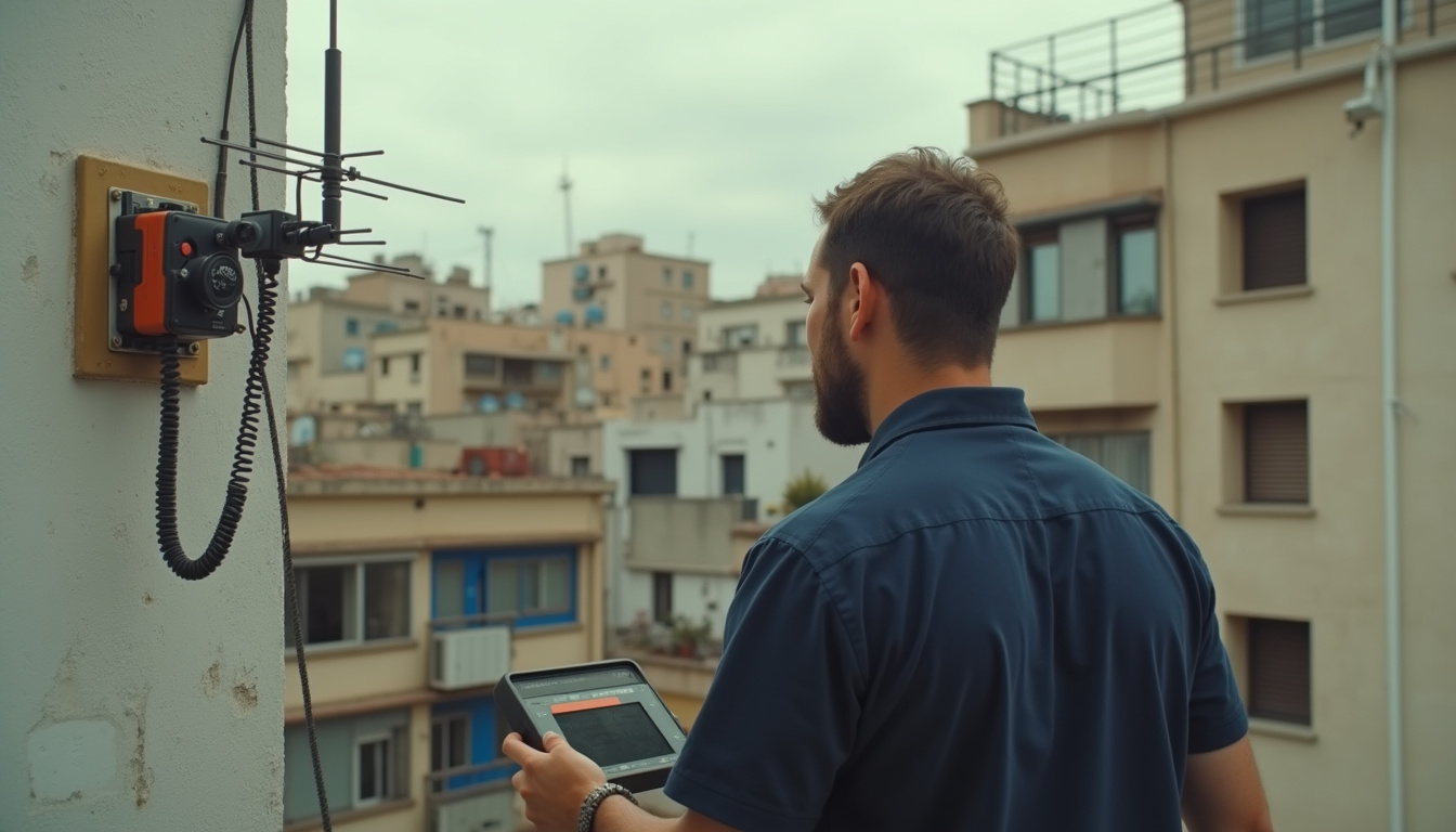 Reparación de videoporteros en Barcelona: toma de antena del salón con el medidor de campo conectado al cable