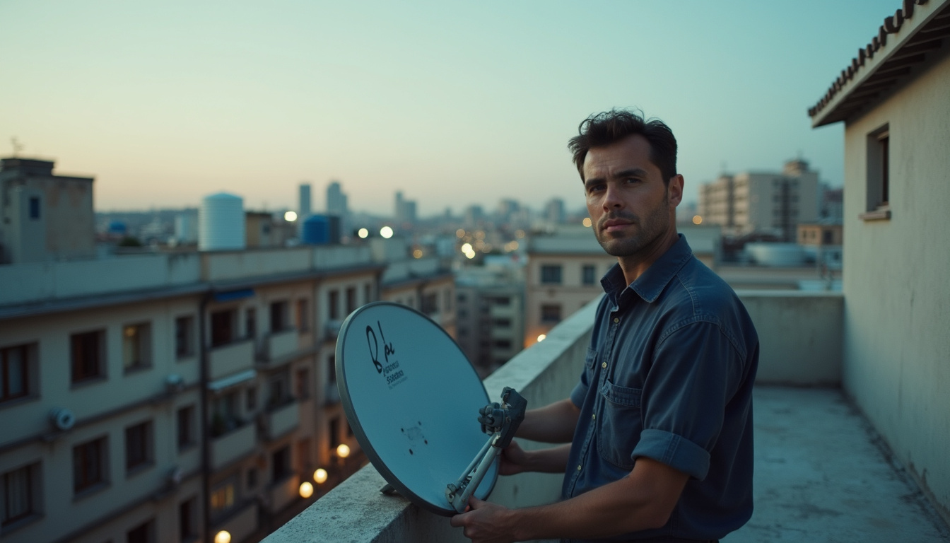 Antena de satélite en Barcelona: antena parabólica instalada en una terraza con Barcelona al fondo