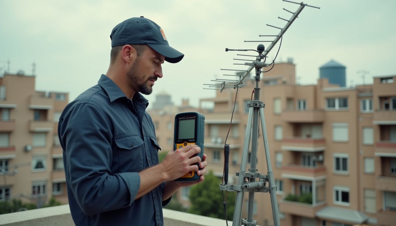 Antenista en Barcelona en Barcelona: técnico ajustando la antena de la azotea con un medidor de campo