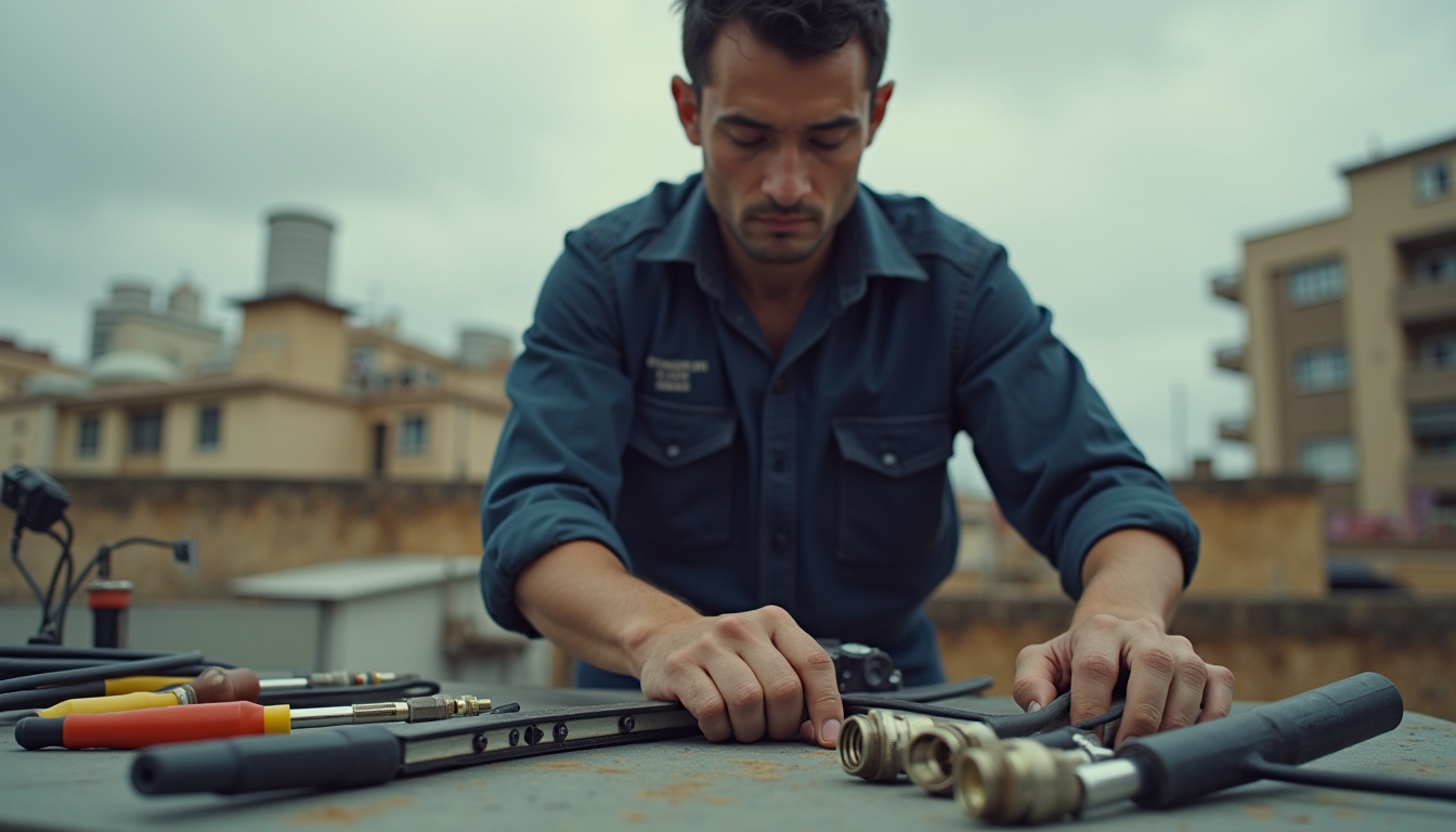 Videoporteros en Barcelona: detalle de cable coaxial y conectores preparados sobre la mesa de trabajo