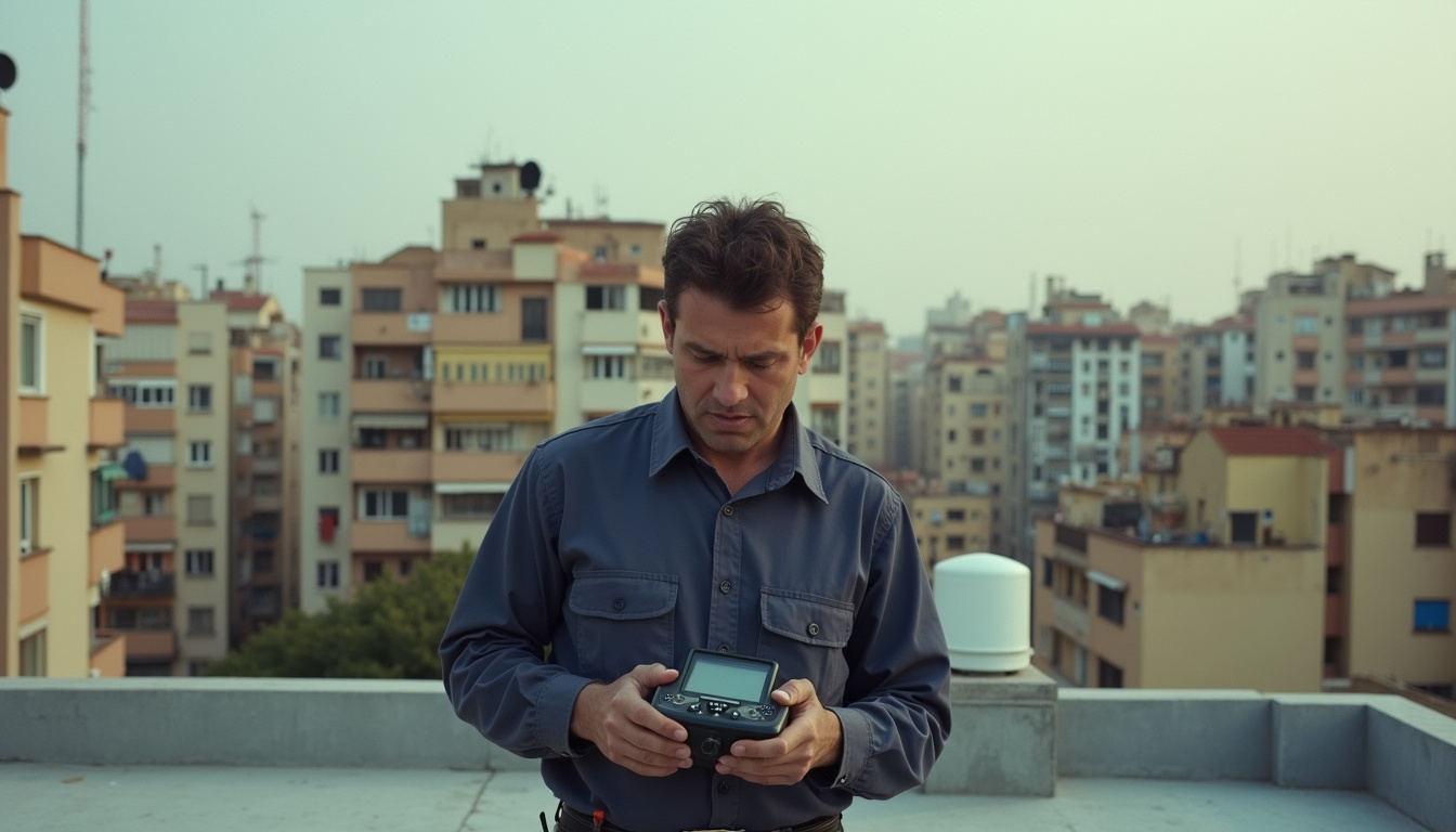 Control de accesos en Barcelona: técnico ajustando la antena de la azotea con un medidor de campo