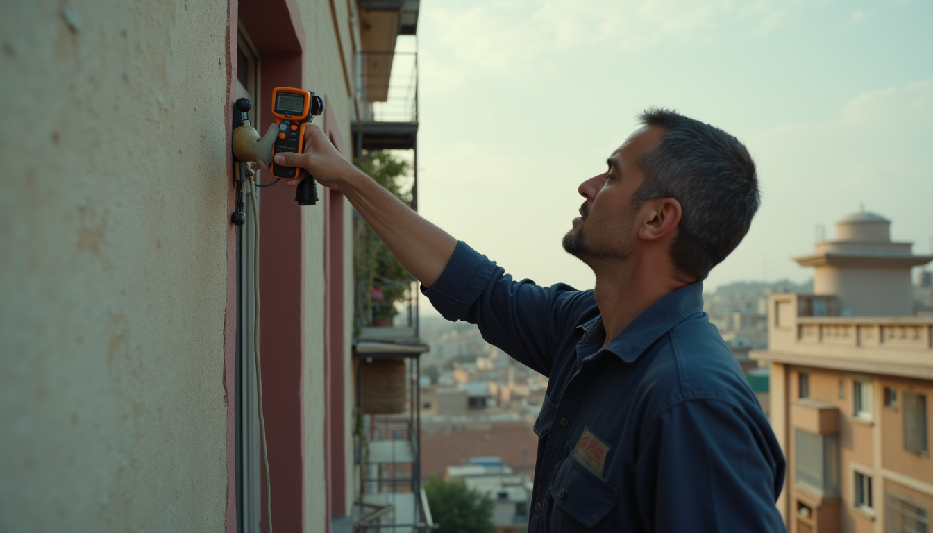 Antenista en Premià de Mar: toma de antena del salón con el medidor de campo conectado al cable