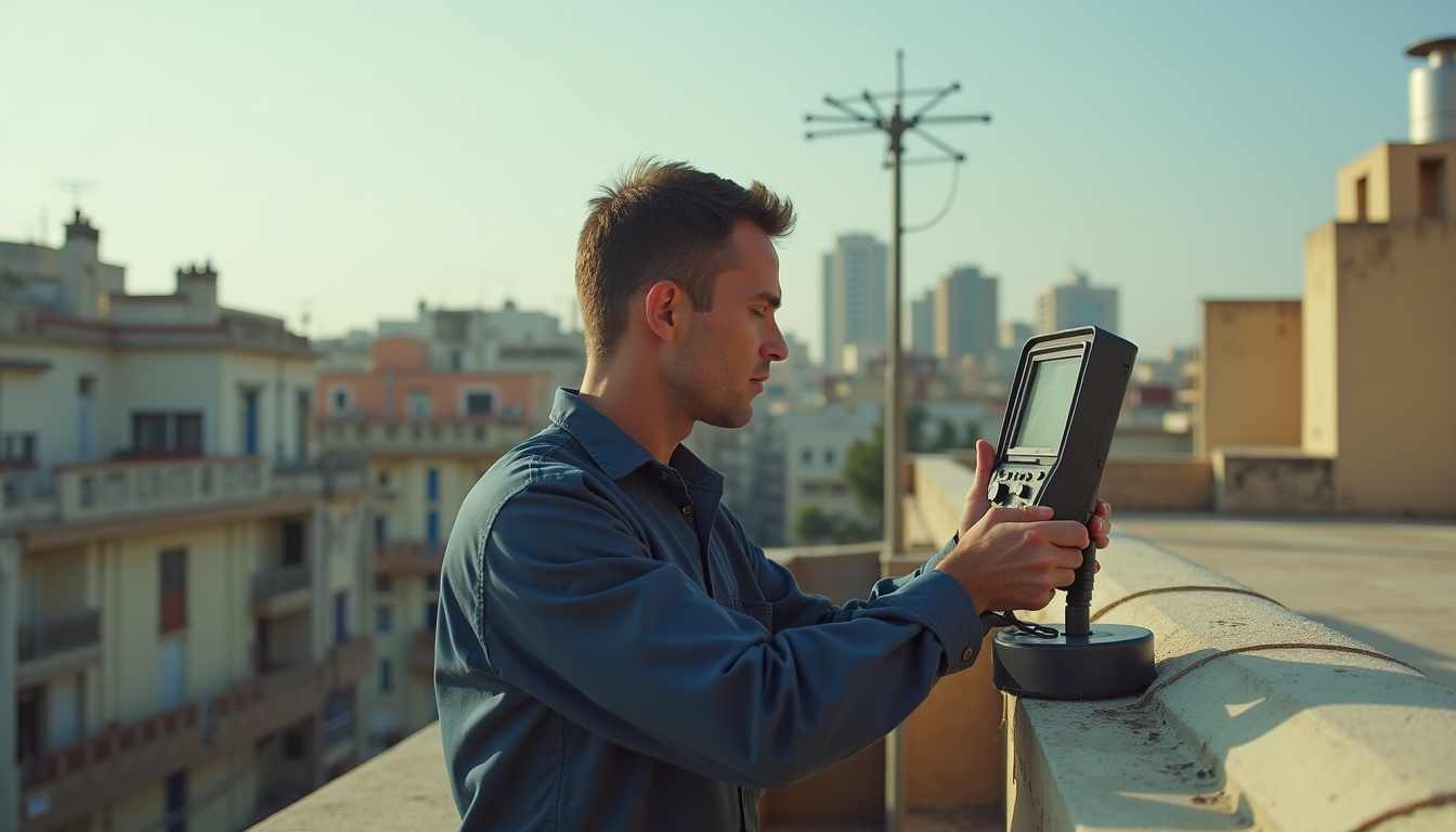 Antenista en Cornellà de Llobregat: técnico ajustando la antena colectiva en la azotea con un medidor de campo