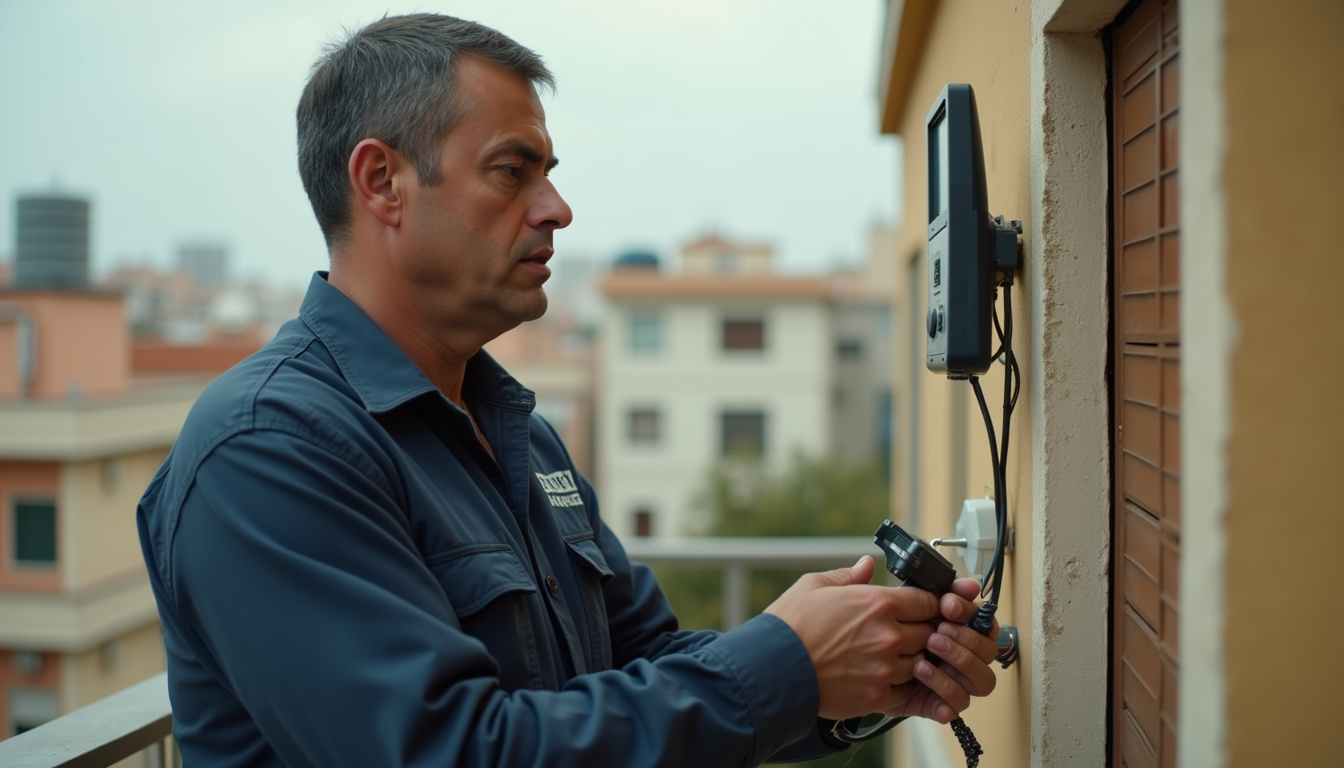 Antenista en Cornellà de Llobregat: toma de antena del salón con el medidor de campo conectado al cable
