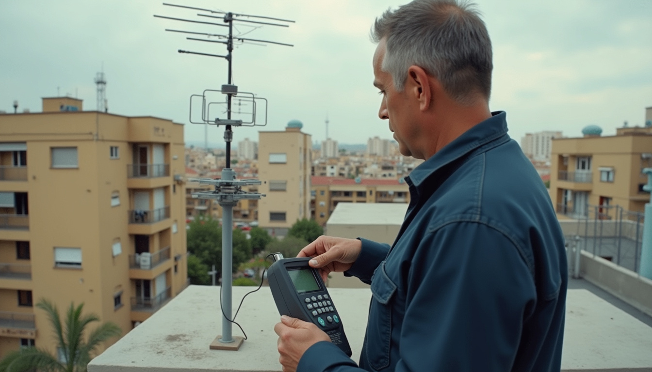 Antenista en La Llagosta: técnico ajustando la antena colectiva en la azotea con un medidor de campo