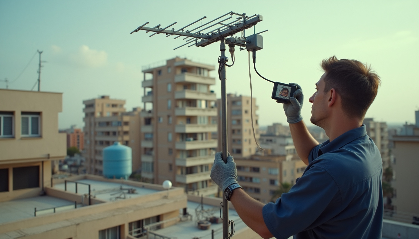 Antenista en Premià de Mar: técnico ajustando la antena colectiva en la azotea con un medidor de campo