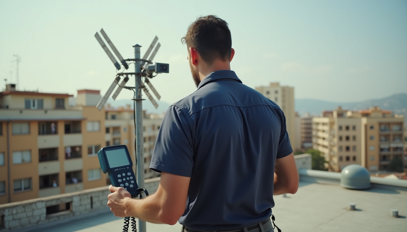 Antenista en Sitges: técnico ajustando la antena colectiva en la azotea con un medidor de campo