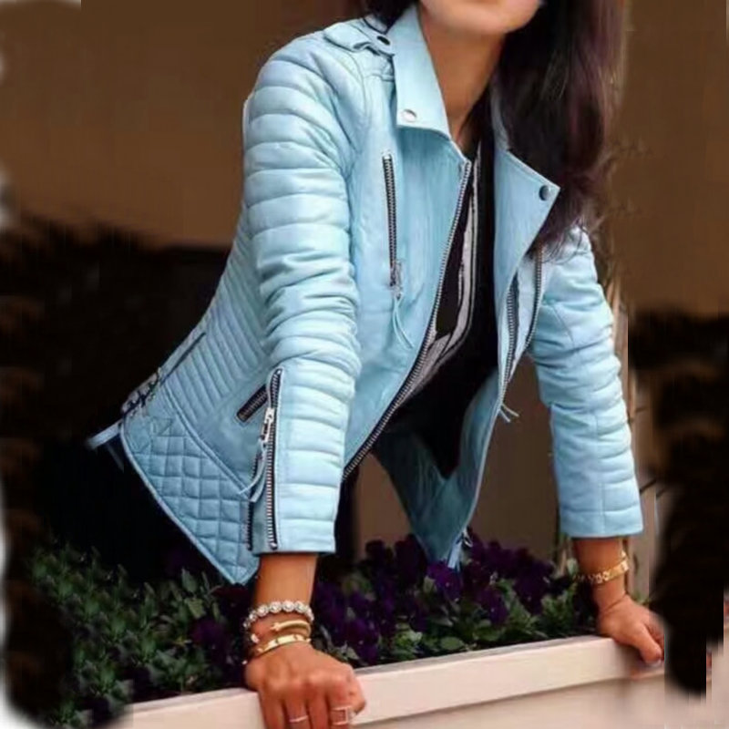 Women Fashion Soft Faux Leather Jackets -Motorcyle Zippers Biker Blue Coat Image 1 Women Fashion Soft Faux Leather Jackets -Motorcyle Zippers Biker Blue Coat Image 1