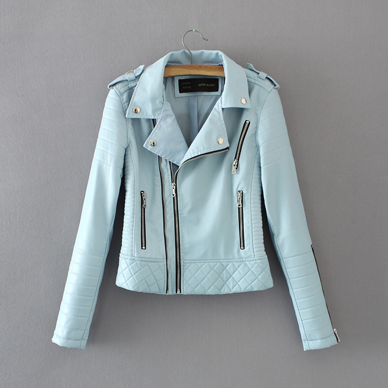 Women Fashion Soft Faux Leather Jackets -Motorcyle Zippers Biker Blue Coat Image 2 Women Fashion Soft Faux Leather Jackets -Motorcyle Zippers Biker Blue Coat Image 2