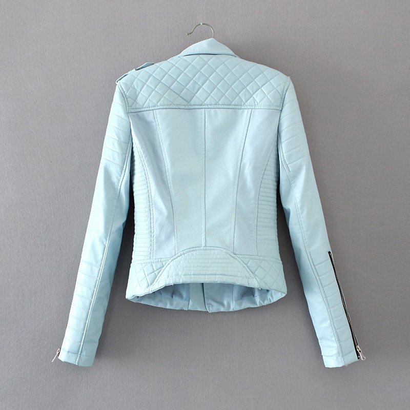 Women Fashion Soft Faux Leather Jackets -Motorcyle Zippers Biker Blue Coat Image 3 Women Fashion Soft Faux Leather Jackets -Motorcyle Zippers Biker Blue Coat Image 3