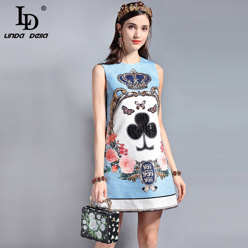 LD LINDA DELLA Fashion Designer Runway Summer Dress Women's Sleeveless Sequin Beading Jacquard Floral Print Vintage Casual Dress Image 1 LD LINDA DELLA Fashion Designer Runway Summer Dress Women's Sleeveless Sequin Beading Jacquard Floral Print Vintage Casual Dress Image 1